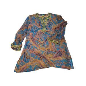 Raj 100% Silk Ladies Orange Boho Hippie Tunic Top Swim Cover Embroidered XLarge